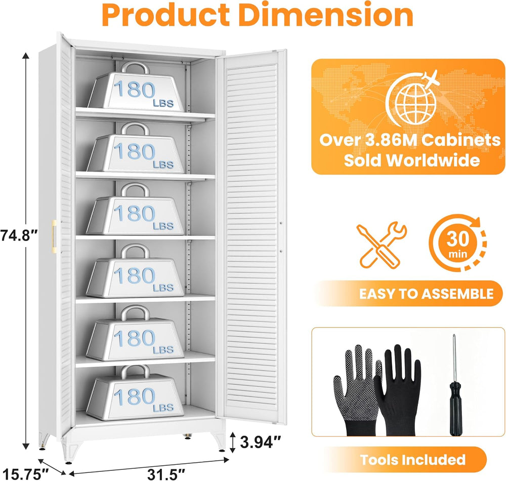 75" Metal Pantry Cabinet,Kitchen Storage Cabinet with Shelves | Louvered...