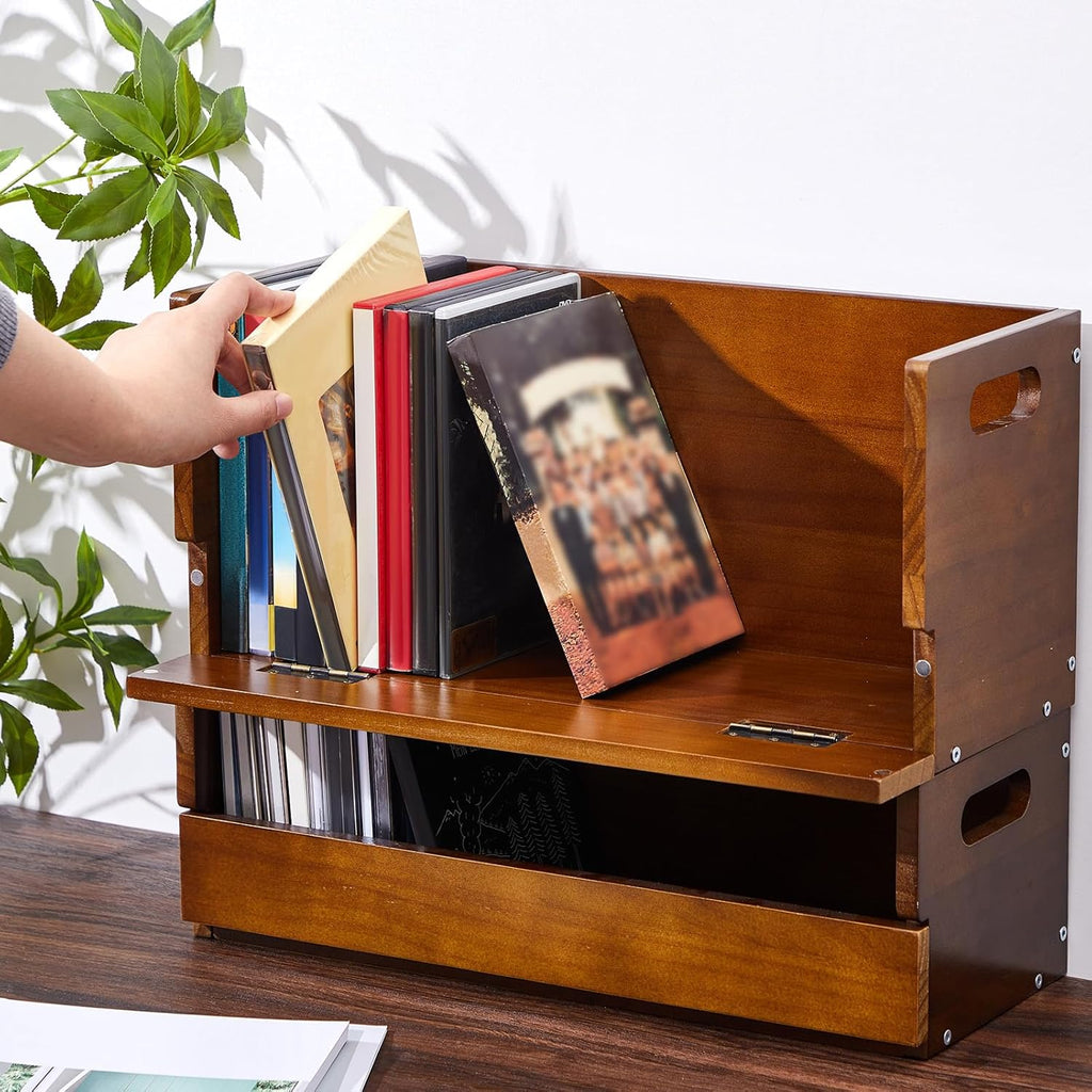 CroBlissful 4 Pack Wooden DVD Storage Organizer Boxes, Holds 104 DVDs (26 Each), Solid Wood Media Storage with Carry Handles for DVDs, CDs, Blu-ray Discs, Movie Cases and Cassette Tapes, Brown