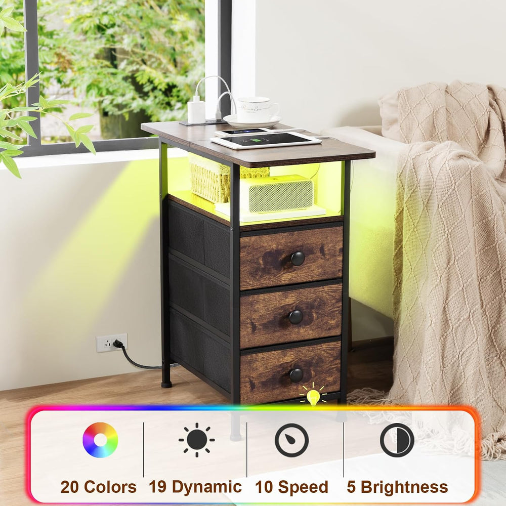 AMHANCIBLE Narrow End Table Living Room with Charging Station, Slim LED Night...
