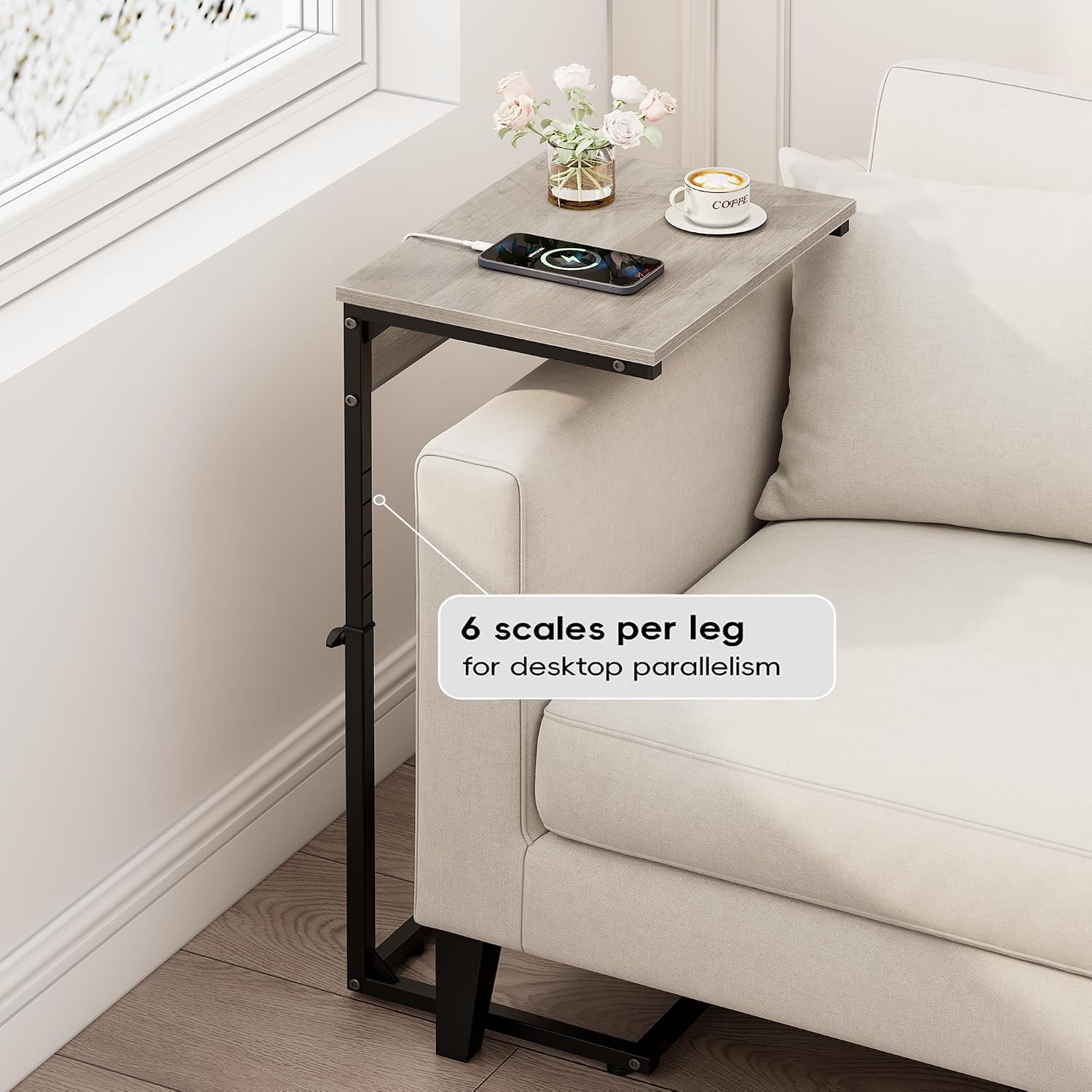 Vagusicc C Shaped End Table with Charging Station, Adjustable Height Side Table for Couch,Small Side Table Small Spaces,33.2'' Tall Couch Tables that Slide Under, Tv Tray Table for Living Room, Greige