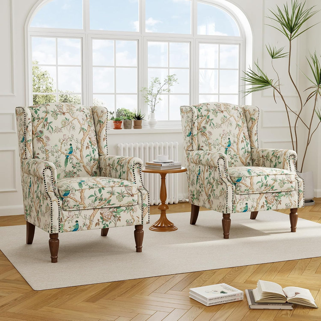 Wingback Accent Chair with Wood Legs, Bird, Set of 1 | High Back with Side Wings | Armrest Nailhead Trim | Solid Wood Frame | High-Density Foam Cushion | For Living Room & Bedroom