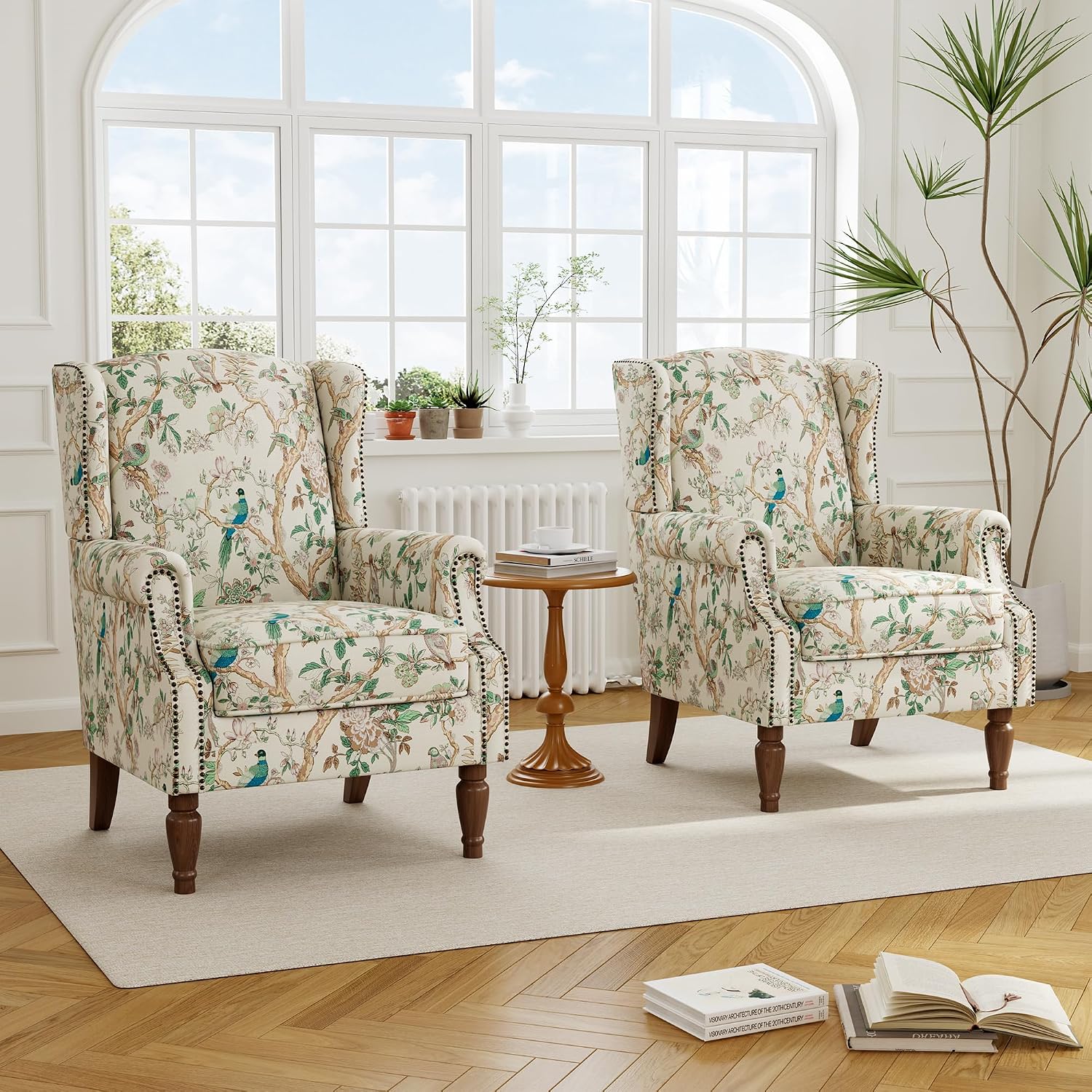 Wingback Accent Chair with Wood Legs, Bird, Set of 1 | High Back with Side Wings | Armrest Nailhead Trim | Solid Wood Frame | High-Density Foam Cushion | For Living Room & Bedroom