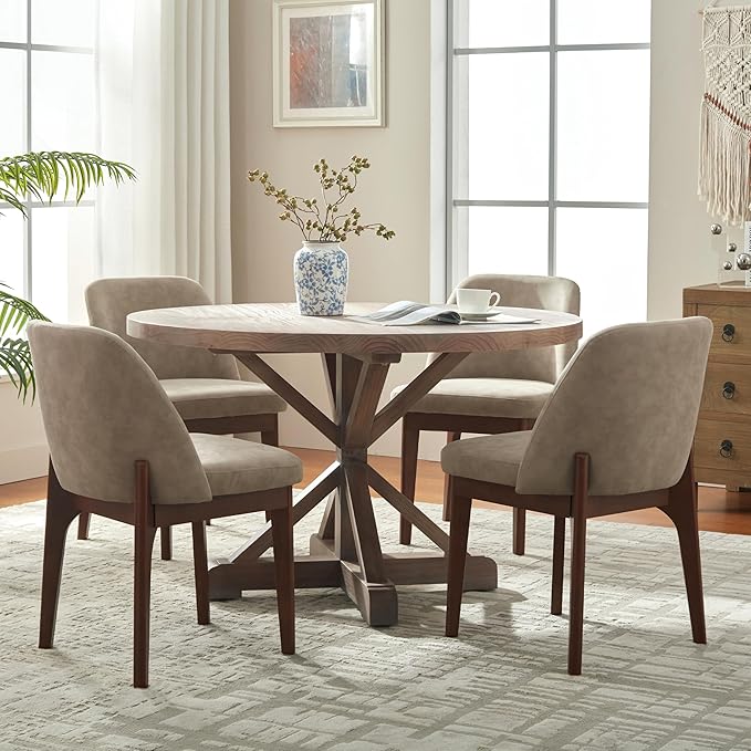 VKNOW Modern Dining Chairs Set of 4, Faux Leather Kitchen Chairs with Wood Legs, Upholstered Side Chair for Kitchen Dining Room, Taup