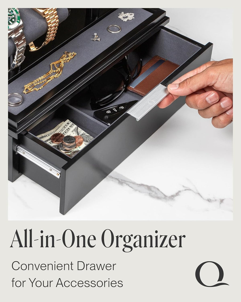 QWATCH Watch Stand Display Case - Acrylic Watch Box for 2 or 4 Watches with Jewelry Valet Tray and Drawer