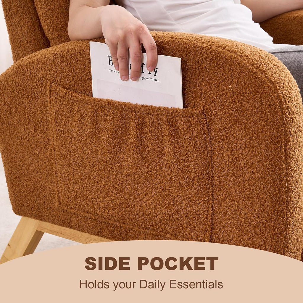 Nursery Rocking Chair,Rubber Wood Base Glider Rocking Chair with Adjustable Footrest and Side Pocket,Teddy Fleece Glider Rocker for Living Room, Bedroom (Teddy Fleece, Caramel)