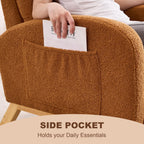 Nursery Rocking Chair,Rubber Wood Base Glider Rocking Chair with Adjustable Footrest and Side Pocket,Teddy Fleece Glider Rocker for Living Room, Bedroom (Teddy Fleece, Caramel)