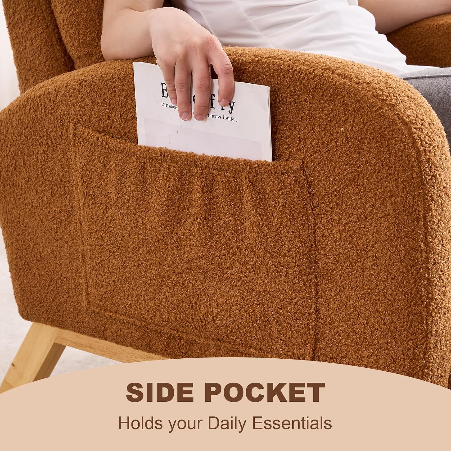 Nursery Rocking Chair,Rubber Wood Base Glider Rocking Chair with Adjustable Footrest and Side Pocket,Teddy Fleece Glider Rocker for Living Room, Bedroom (Teddy Fleece, Caramel)