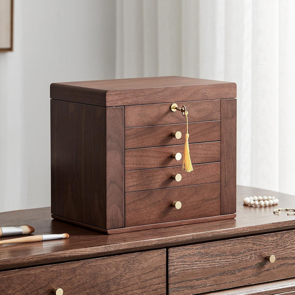 CHOSIN Black Walnut Wooden Jewelry Box for Women with Mirror, 5 Drawers and 2 Side Doors for Watches, Necklaces, Rings, Earrings Storage Christmas Gifts