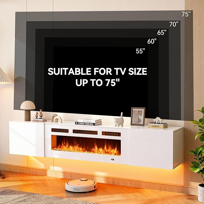 MXV 70'' Floating TV Stand, Modern Media Entertainment Center with 36" Electric Fireplace, TV Console Cabinet Wall Mounted, Adjustable 12-Color LED Lights, for Living Room, White + White