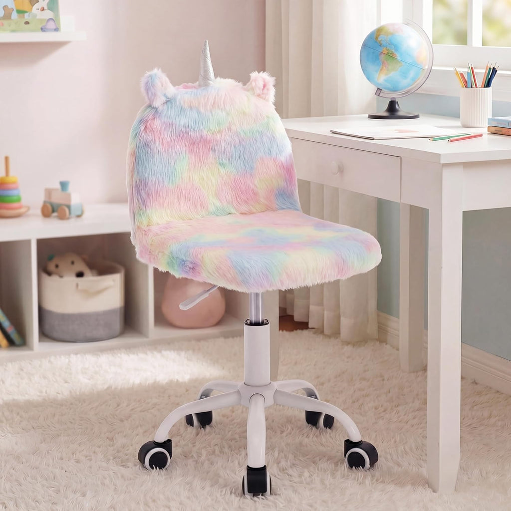 Cute Fuzzy Kids Chair Funny Rolling Study Desk Chair Colorful Girls Vanity Swivel Chair with White Foot