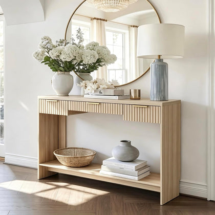 Entryway Console Sofa Table with 3 Drawers, Light Walnut