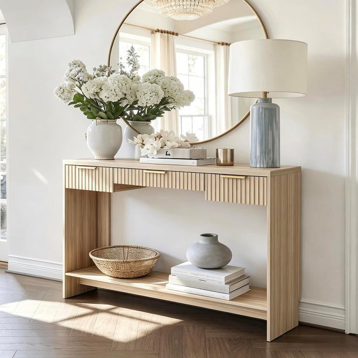 Entryway Console Sofa Table with 3 Drawers, Light Walnut