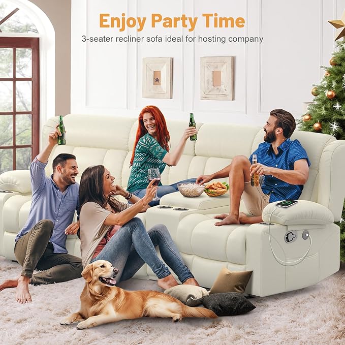 Recliner Sofa Set with Storage Console, Flip Middle Backrest Design 3 Seater Reclining Sofa and 2PC Single Recliner Chair, Manual Couches for Living Room (Ivory, 3 Seat+Console+1+1)