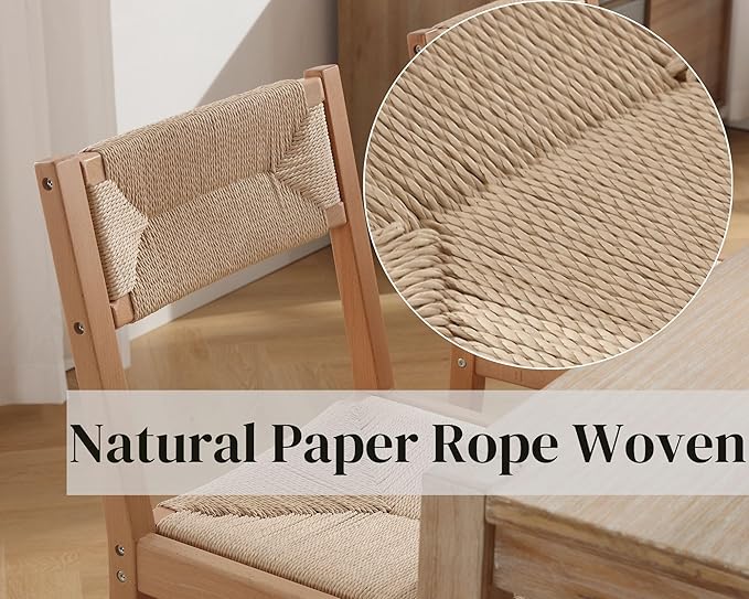 Mid Century Modern Rattan Dining Chairs Set of 2, Natural Beechwood Kitchen Chairs Farmhouse Woven Dining Room Chairs, Armless Boho Cane Wicker Chair Wooden Dining Chairs with Weave Hemp Seat and Back