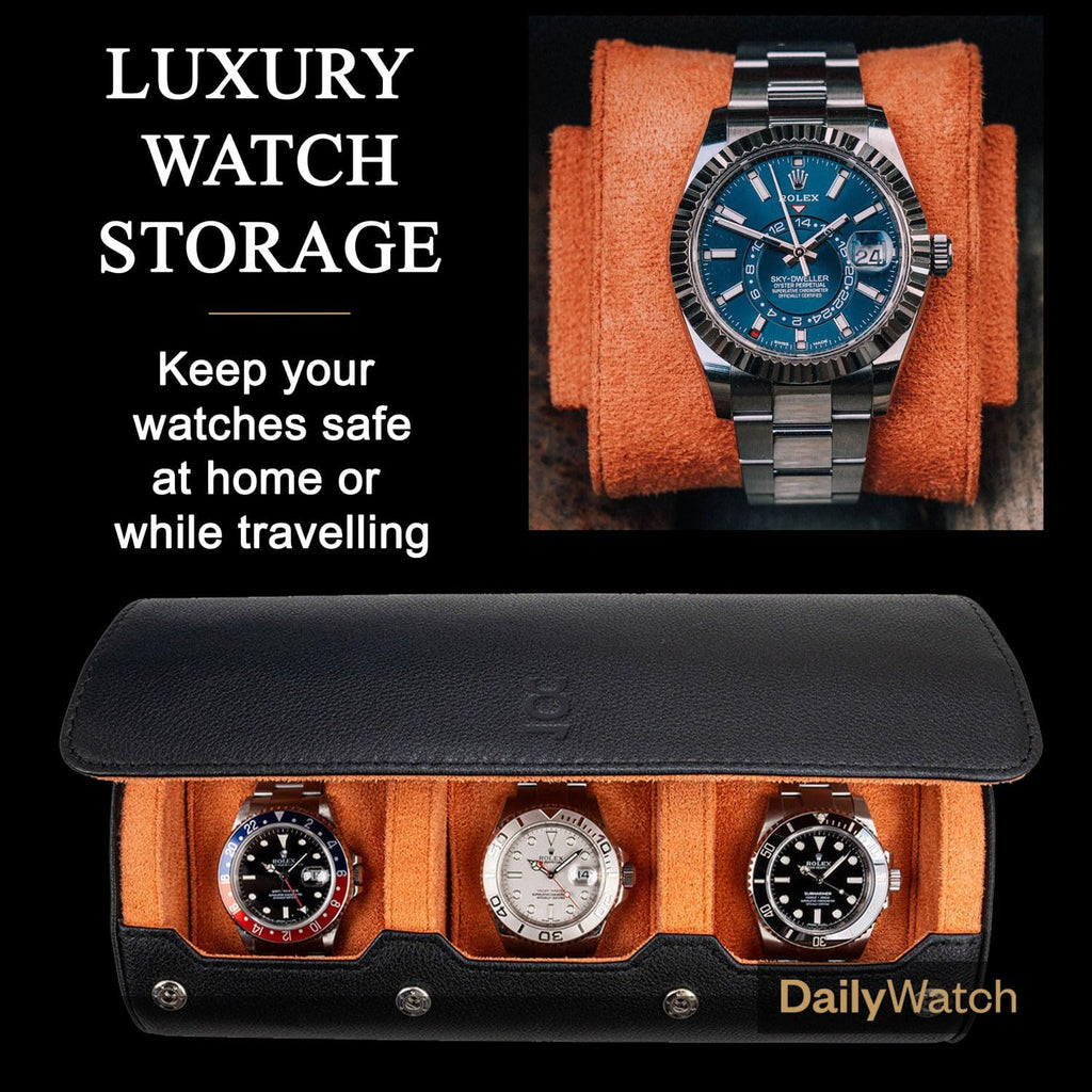 DailyWatch | Watch Roll Travel Case For 3 Watches | Luxury Watch Case In Genuine Black Leather With Soft Velvet Interior | Watch Case Protect, Store, & Display Your Watches | Black Orange