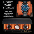 DailyWatch | Watch Roll Travel Case For 3 Watches | Luxury Watch Case In Genuine Black Leather With Soft Velvet Interior | Watch Case Protect, Store, & Display Your Watches | Black Orange