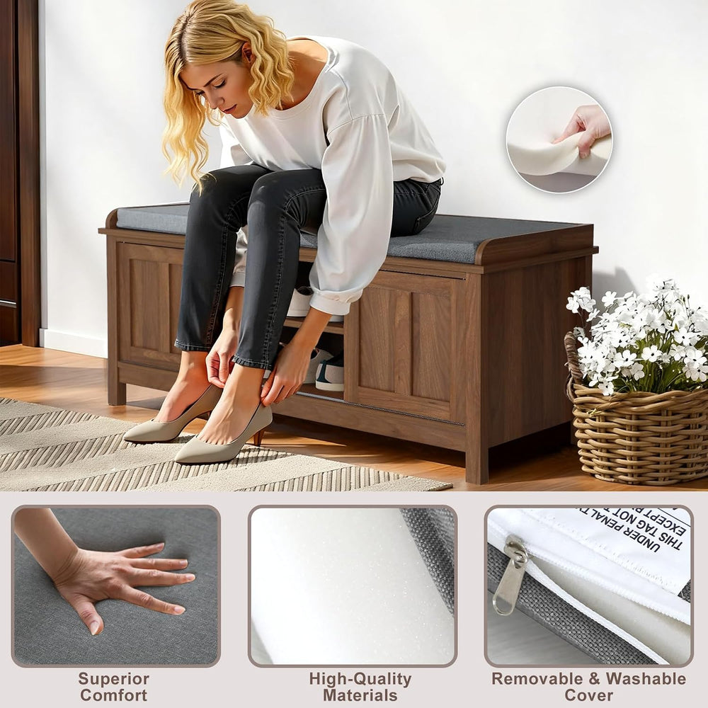2-Tier Shoe Storage Bench,43" Wooden Shoe Cabinet with Sliding Doors,Wal...