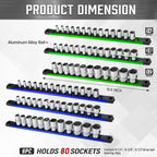 ALOANES 6-Piece Magnetic Socket Organizer, Heavy Duty Aluminum Socket Rails Organizer, 360° Swivel Clips Socket Holder Kit for Tool Box, 1/2, 3/8, 1/4-Inch Socket Holder x 80 Clips (Green&Blue)