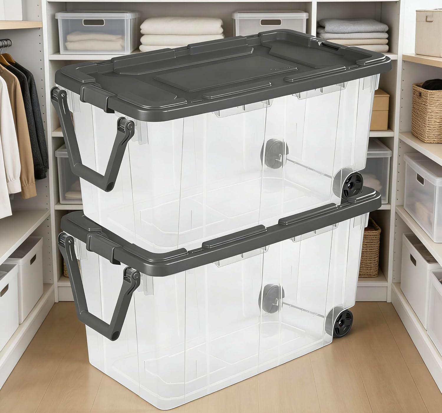 160 Quart Wheeled Stacker, Extra Large Durable Clear Bin, Latch Lid and Pull Handle, Gray, 2 Count