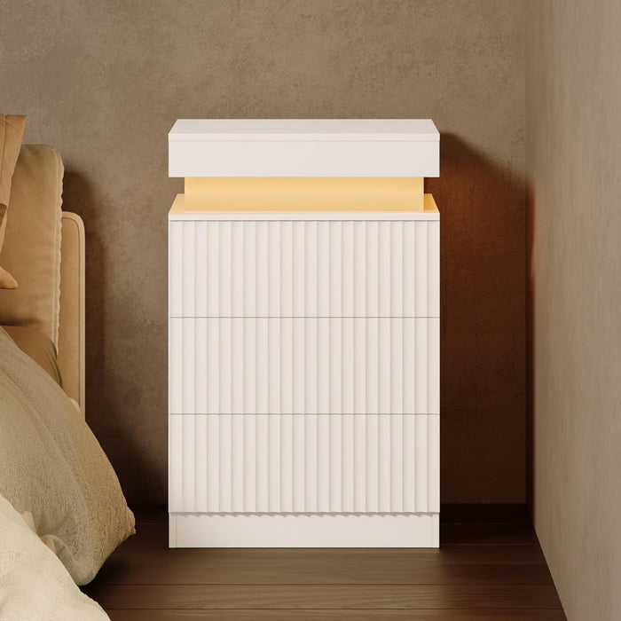 Nightstand Set of 2 for Bedroom, LED Nightstand with 3 Drawers and Charging Station, Mid Century Modern Fluted Nightstands, Bedside Tables & End Tables, White