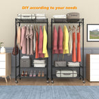 Rolling Portable Garment Rack,Freestanding Clothes Racks, Portable Closet Wardrobe with 3 Adjustable Wire shelves,2 Side Hooks, Black