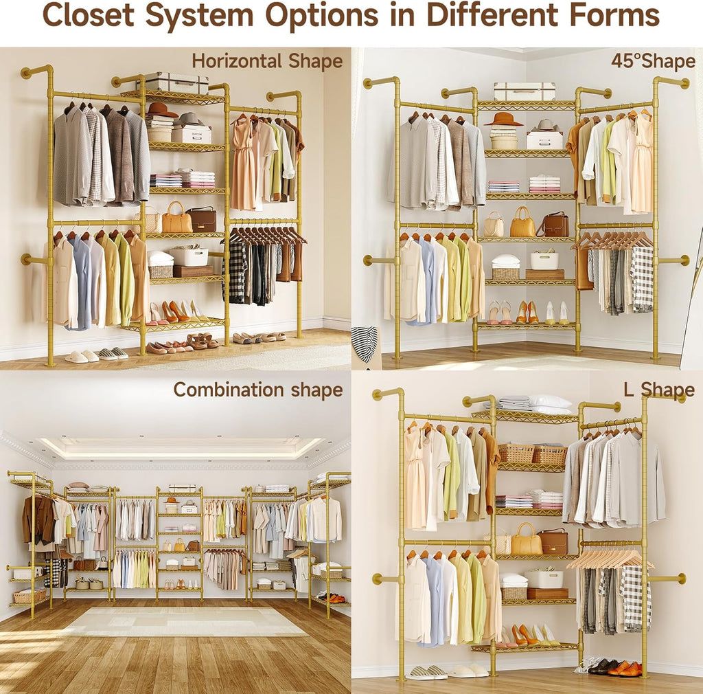 H3 Expandable Wall Mounted Closet System, 5.4FT-8.1FT Closet Organizer with 4 Telescopic Rods & 6 Wire Shelves, Industrial Pipe Clothing Rack for Walk-in & Reach-in Closet (Gold)