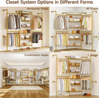 H3 Expandable Wall Mounted Closet System, 5.4FT-8.1FT Closet Organizer with 4 Telescopic Rods & 6 Wire Shelves, Industrial Pipe Clothing Rack for Walk-in & Reach-in Closet (Gold)