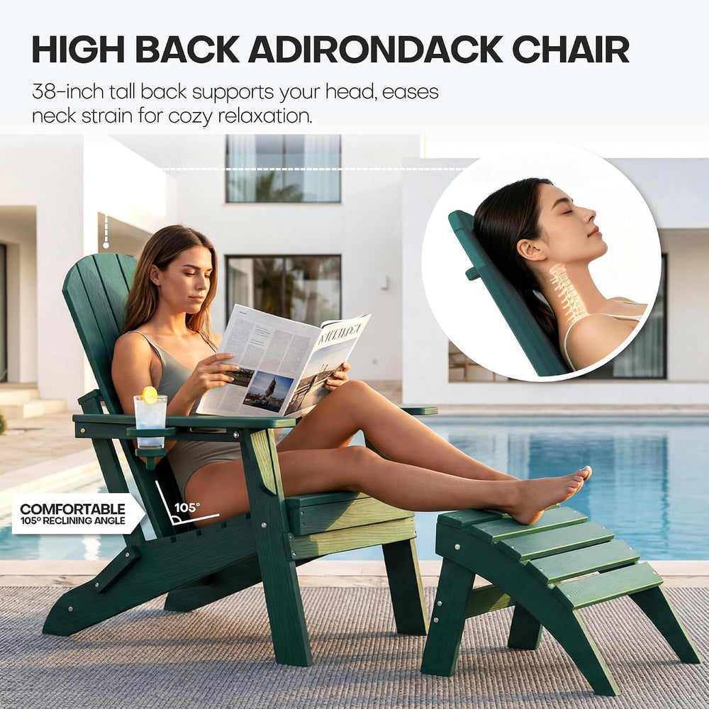 Adirondack Chair Set of 2 with Cup Holders&Table, Green