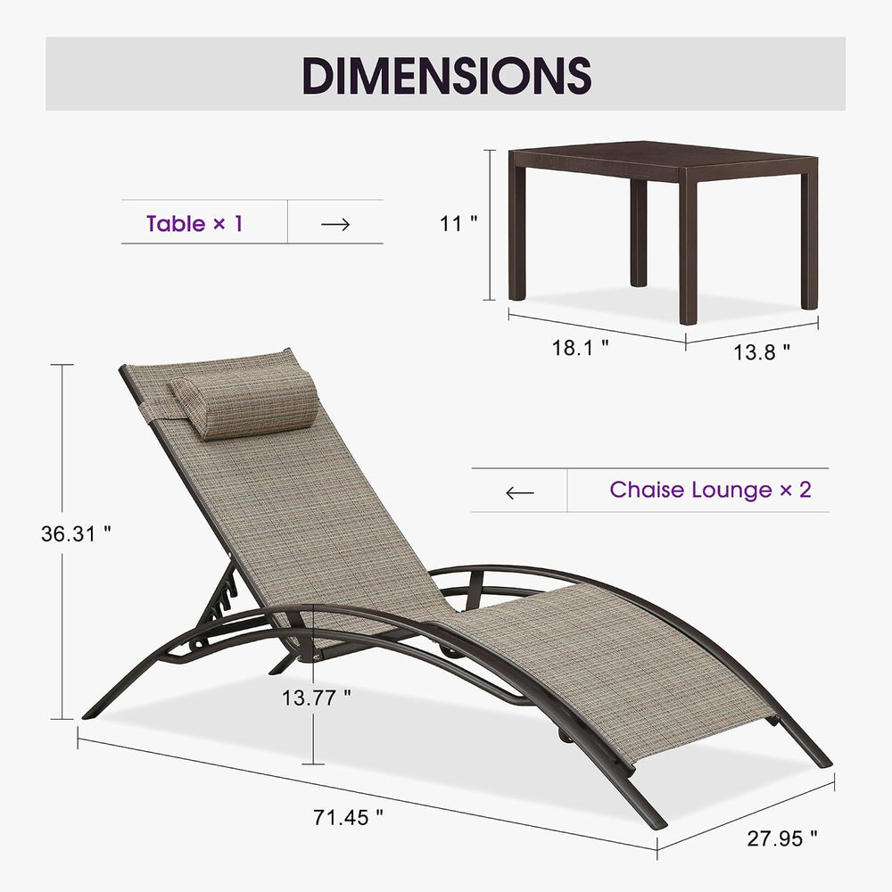 PURPLE LEAF Oversized Pool Chaise Lounge with Table Bronze Aluminum, Khaki | ...
