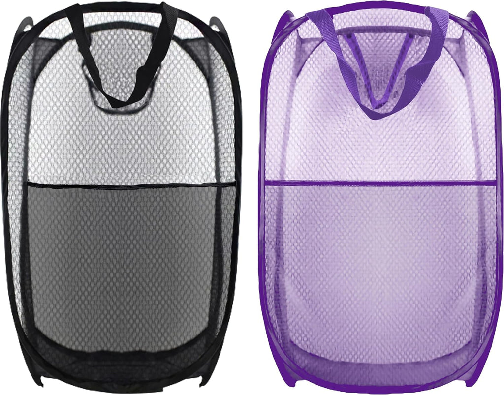 Collapsible Pop Up Laundry Hamper, Extra Large Mesh Foldable Laundry Basket Bag, 28" x 16" x 16", 2 Pack (Black + Purple)