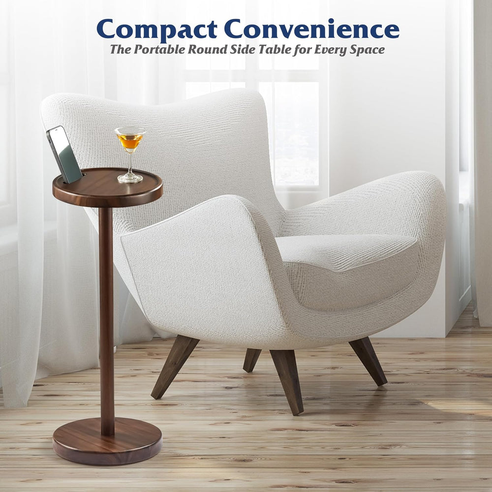 BLUEWEST Small Round Side Table, Drink Table with Phone Slot, 22" Walnut