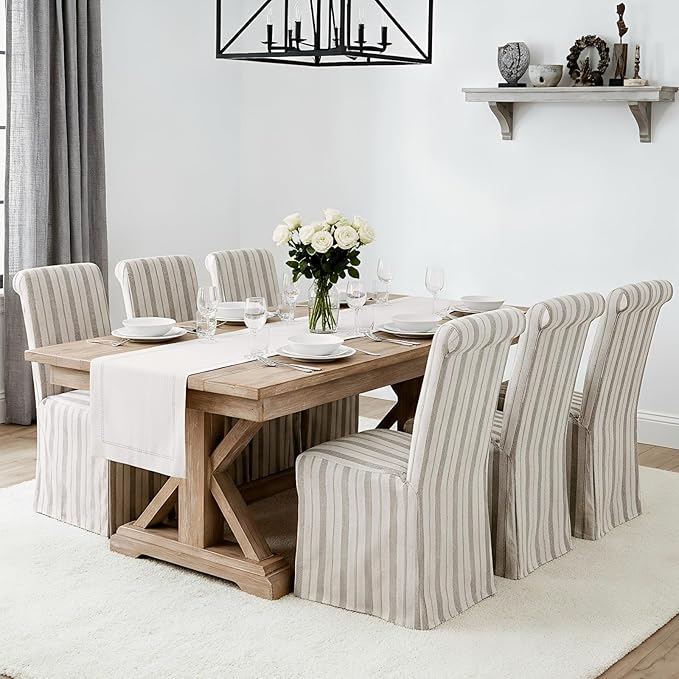 chairus Slipcovered Parsons Dining Chairs Set of 6, Upholstered Dining Room Chairs with Removable Linen Cover & High Back, Modern Farmhouse Wooden Side Kitchen Chairs, Khaki Stripe