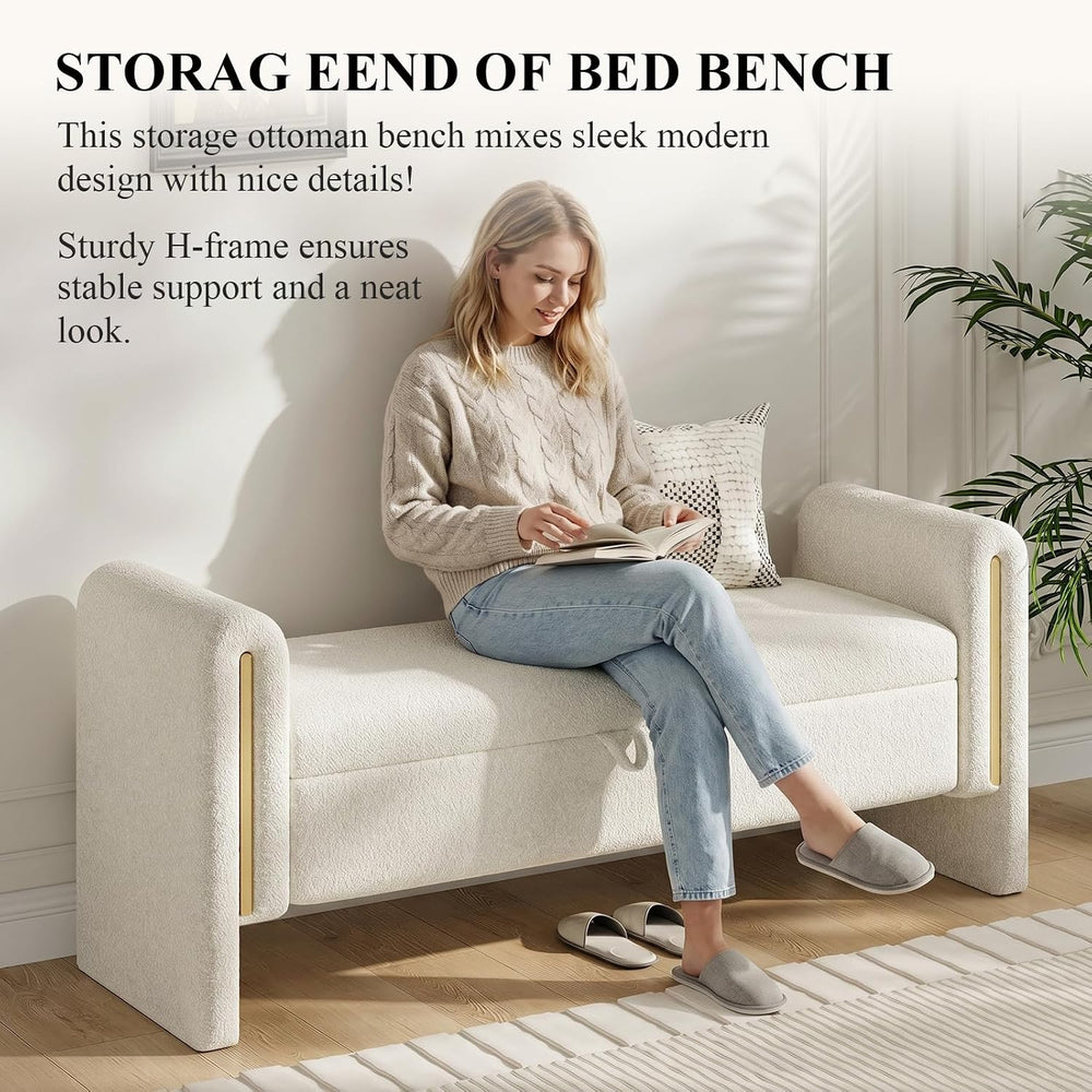 Storage Ottoman Bench, End of Bed Bench with Pull-Ring | 52" Teddy Uphol...