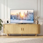 65" Mid Century Modern TV Stand, Wood TV Consoles with Sliding Doors and Power Outlet, Fluted Entertainment Center with Adjustable Shelves, Media Console for Living Room, Oak