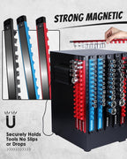 8PCS Magnetic Socket Holder Organizer Set - 1/4, 3/8, 1/2 - Aluminum Alloy Socket Rail Trays for Tool Box Drawer, Socket Rack Kit with 114Pcs Clips for Automotive Garage(Blue Red Black)