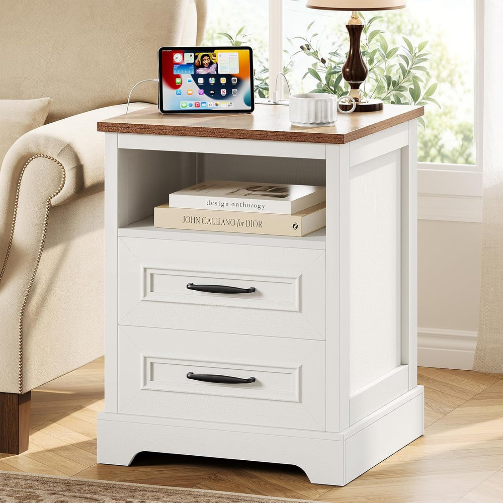 Farmhouse Nightstand with Charging Station, Wood Night Stand with Drawers, Be...