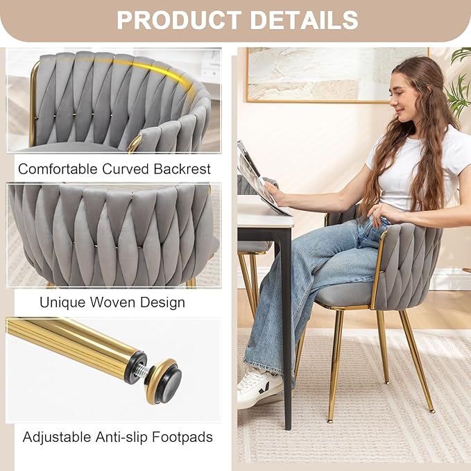 Kiztir Grey Velvet Dining Chairs Set of 4, Modern Upholstered Dining Room Chairs with Gold Metal Legs, Luxury Barrel Dining Chairs for Kitchen, Living Room, Restaurant