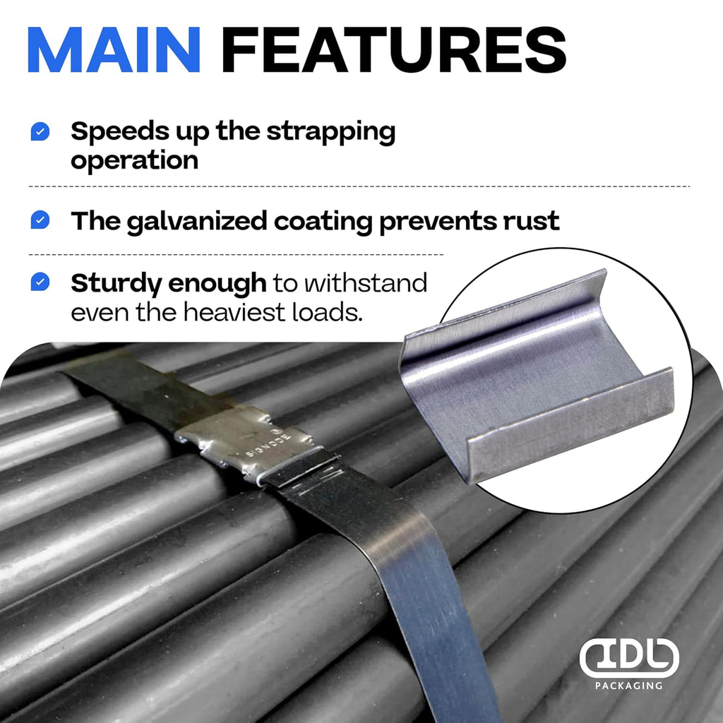 IDL Packaging Open (Snap-On) Seals for 5/8" Strap Width Steel Strapping (Pack of 1000) - Superior Holding Power - Sturdy Metal Clips for Securing Heavy Packaging and Pallet Banding