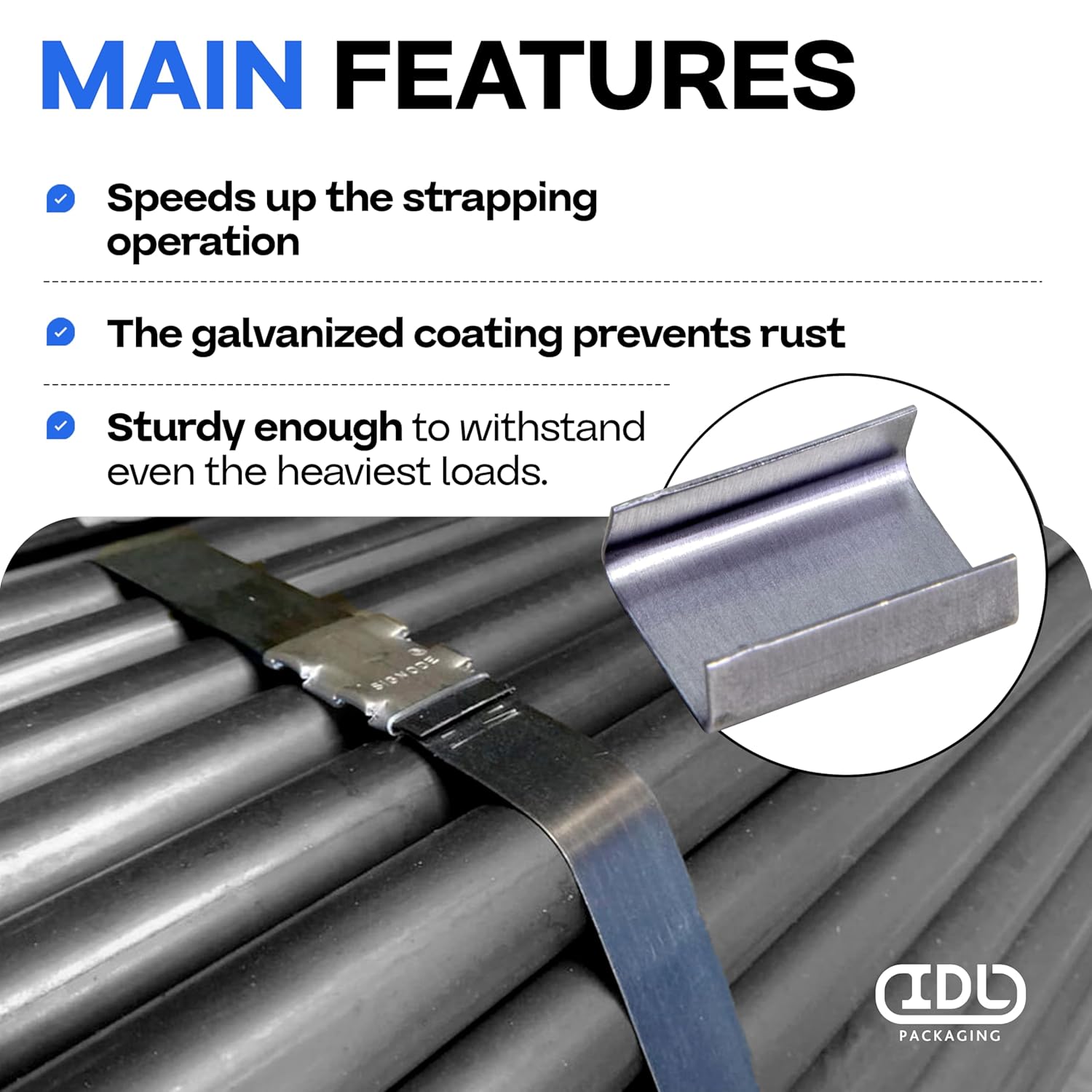 IDL Packaging Open (Snap-On) Seals for 5/8" Strap Width Steel Strapping (Pack of 1000) - Superior Holding Power - Sturdy Metal Clips for Securing Heavy Packaging and Pallet Banding