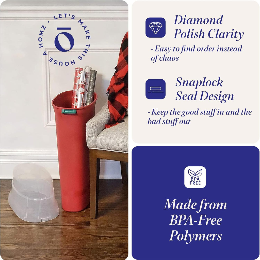 HOMZ 2-Pack Seasonal Holiday, Plastic Vertical Gift Wrap Storage Organizer, Red & Clear - Paper Wrapping Bin Containers for Christmas Gifts and Birthday Presents