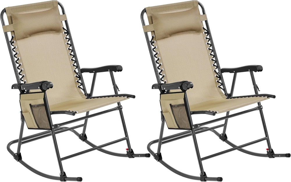 Yaheetech Patio Rocking Chair Folding Camping Chair with Pocket, Beige | Fold...