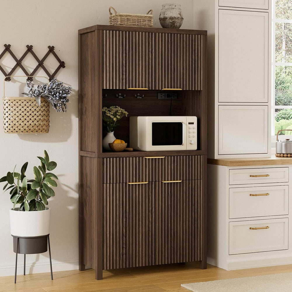 Modern Kitchen Pantry Storage Cabinet, Water Ripple Food Cabinet with Power O...