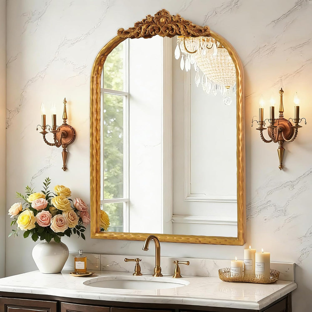 Vintage Arched Gold Mirror 19x27, Baroque Traditional Ornate Gold Antique Wal...
