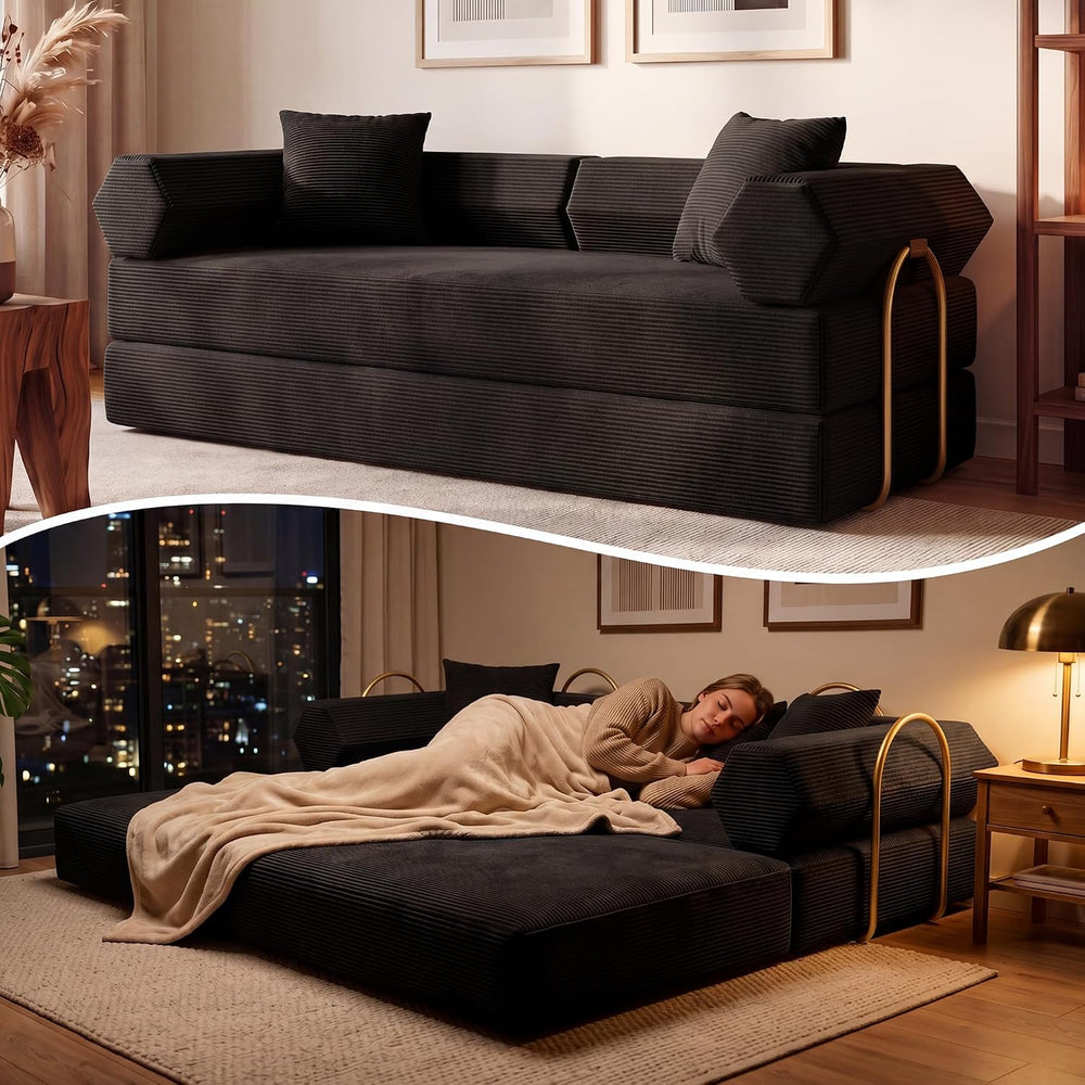 79" Convertible Futon Sofa Bed, Couch for Living Room | Black | 5-in-1 C...