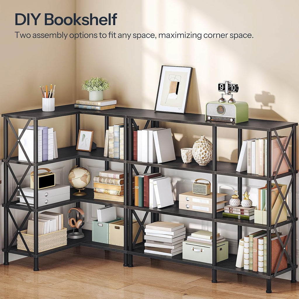 HOOBRO Corner Bookshelf, 4-Tier L-Shaped Bookcase, Industrial Open Display Shelf Tall Storage Organizer, Vertical Storage Rack, for Living Room, Home Office, Black BB59SJ01