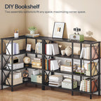 HOOBRO Corner Bookshelf, 4-Tier L-Shaped Bookcase, Industrial Open Display Shelf Tall Storage Organizer, Vertical Storage Rack, for Living Room, Home Office, Black BB59SJ01