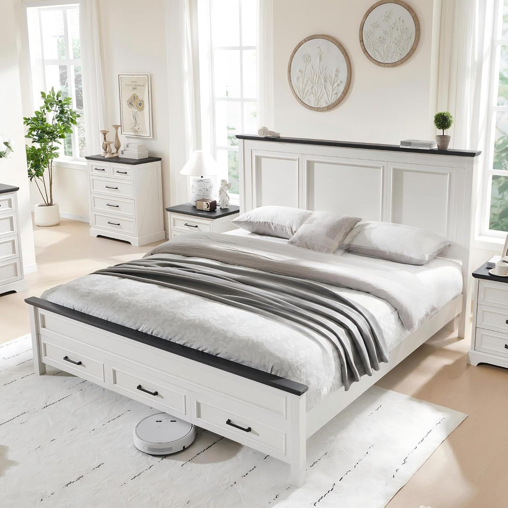 Farmhouse King Size Bed Frame with 53" Tall Headboard, Off White