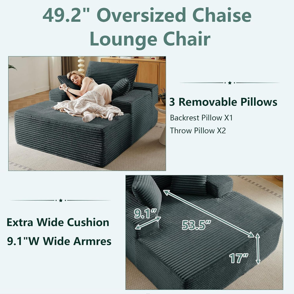 50"Oversized Chaise Lounge Chair Indoor,Corduroy Reading Chair with 3 Pi...