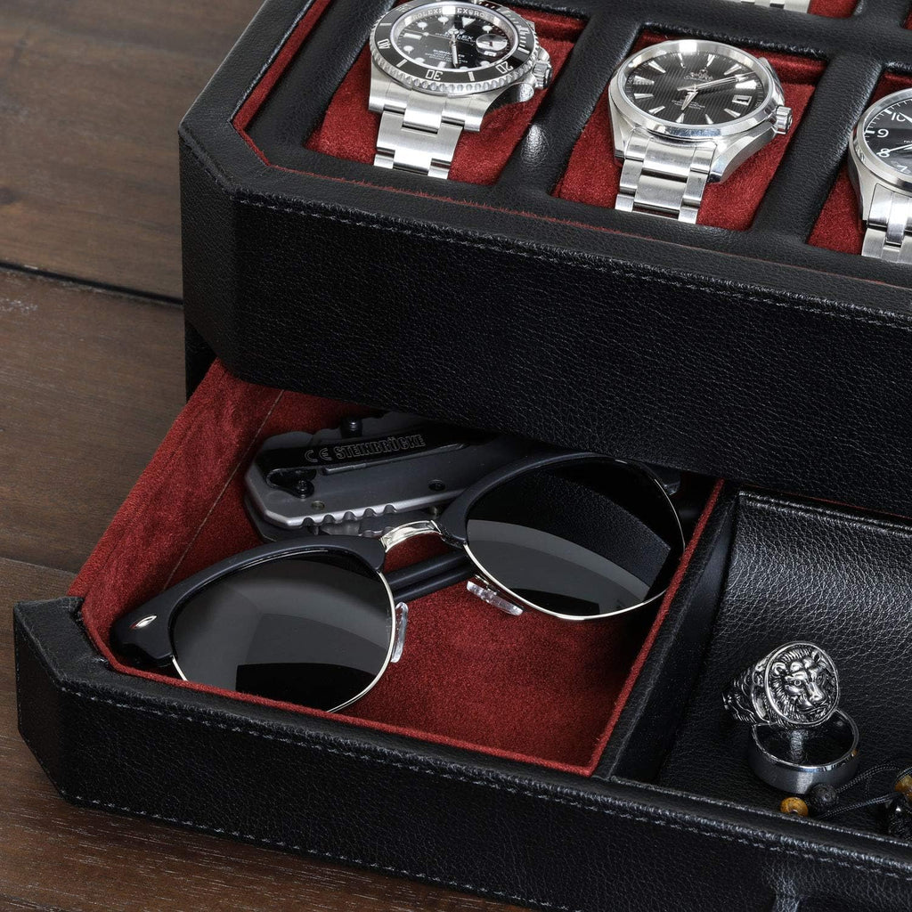 ROTHWELL 12 Slot Leather Watch Box with Valet Drawer - 12 Slot Luxury Watch Case Display Organizer, Microsuede Liner, Mens Accessories Holder, Jewelry Case, Jewelry Display Organizer (Black/Red)