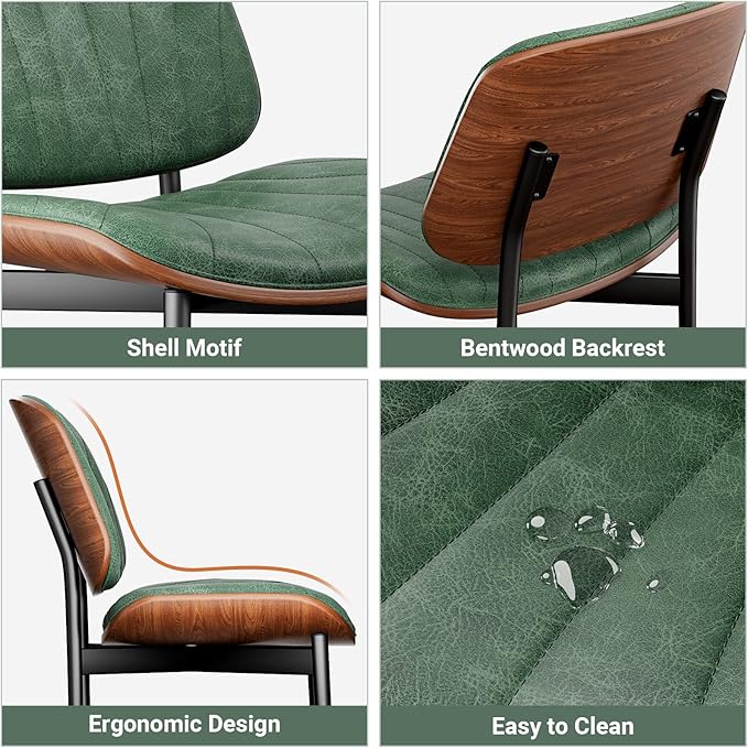 Dining Chairs Set of 8, Dining Room and Kitchen Chairs, Mid Century Modern Accent Chair, Upholstered PU Leather Chairs for Vanity with Walnut Bentwood and Metal Legs, Green